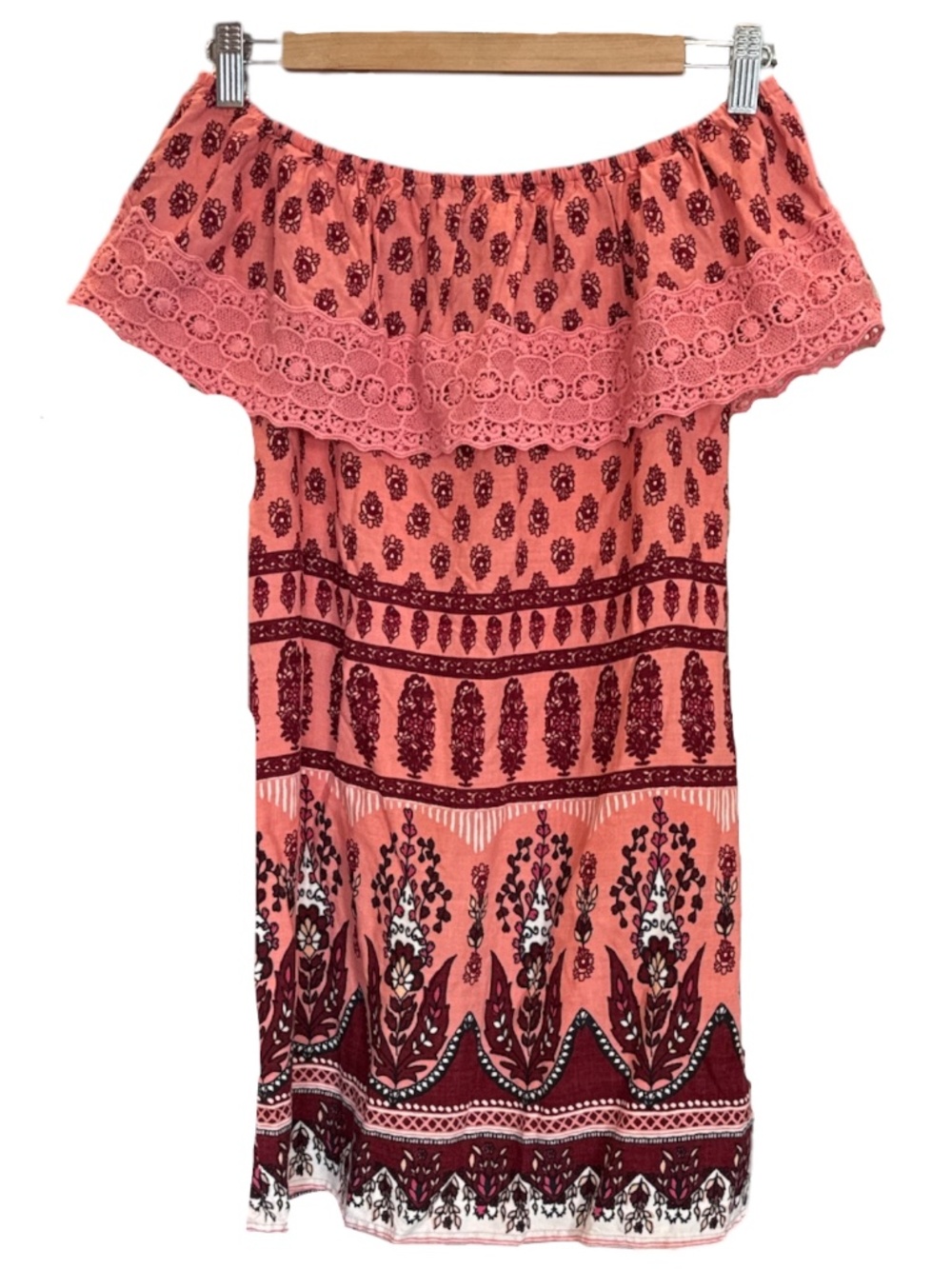 Size XS Hollister Floral Pink and Burgundy Flowy Lightweight Off-Shoulder Dress